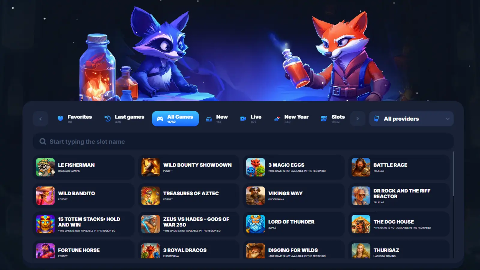 Vodka Casino slots and live casino lobby